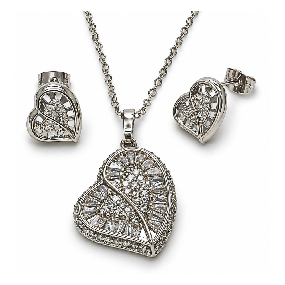 White Gold Filled Earring and Pendant Adult Set, Heart and Cluster Design, with White Cubic Zirconia, Polished, Rhodium Finish