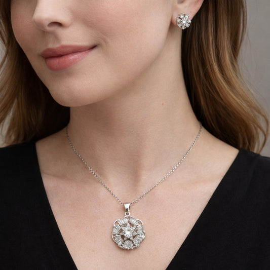 White Gold Filled Earring and Pendant Adult Set, Flower and Baguette Design, with White Cubic Zirconia, Polished, Rhodium Finish