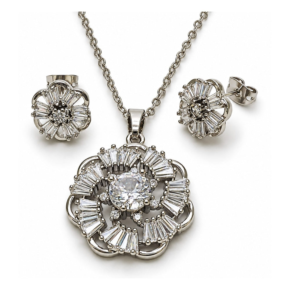 White Gold Filled Earring and Pendant Adult Set, Flower and Baguette Design, with White Cubic Zirconia, Polished, Rhodium Finish