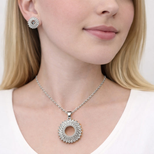 Rhodium Gold Filled Earring and Pendant Adult Set, Baguette Design, with White Cubic Zirconia and White Micro Pave, Polished, Rhodium Finish