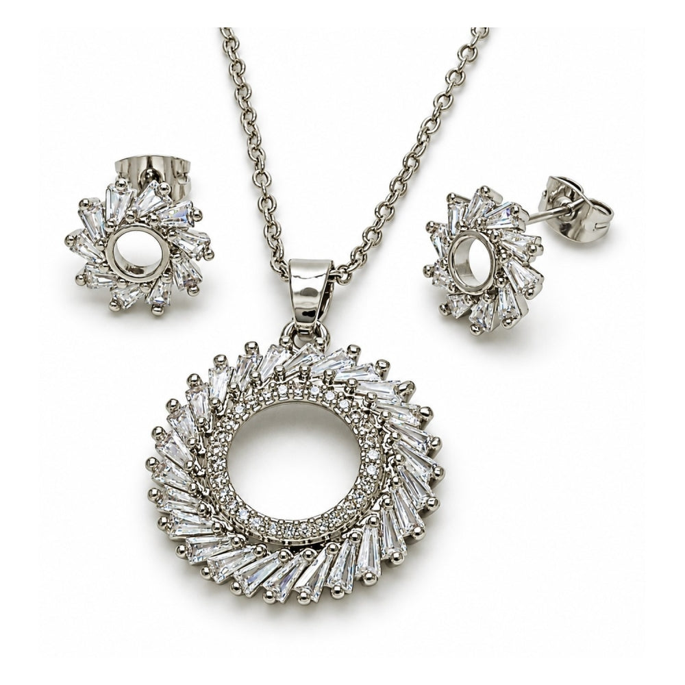 White Gold Filled Earring and Pendant Adult Set, Baguette Design, with White Cubic Zirconia and White Micro Pave, Polished, Rhodium Finish
