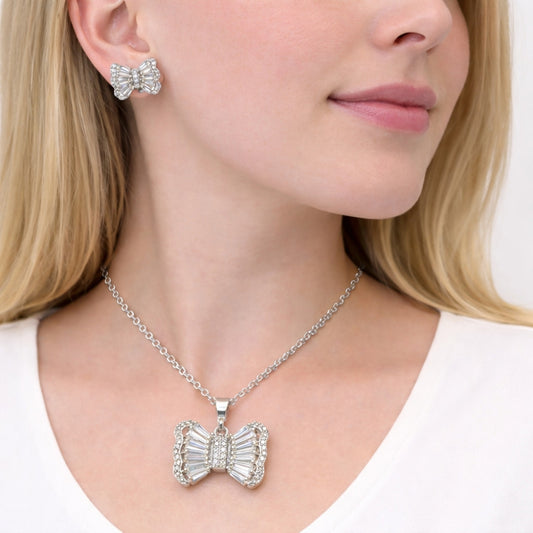 Rhodium Gold Filled Earring and Pendant Adult Set, Bow and Baguette Design, with White Cubic Zirconia and White Micro Pave, Polished, Rhodium Finish