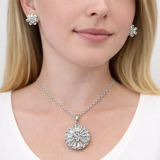 Rhodium Gold Filled Earring and Pendant Adult Set, Flower and Cluster Design, with White Cubic Zirconia, Polished, Rhodium Finish