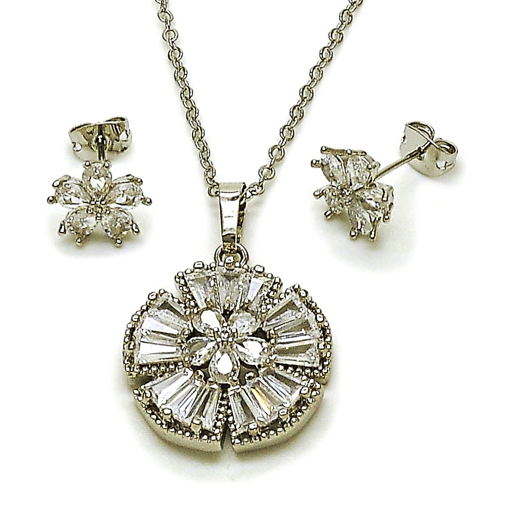 Rhodium Gold Filled Earring and Pendant Adult Set, Flower and Cluster Design, with White Cubic Zirconia, Polished, Rhodium Finish