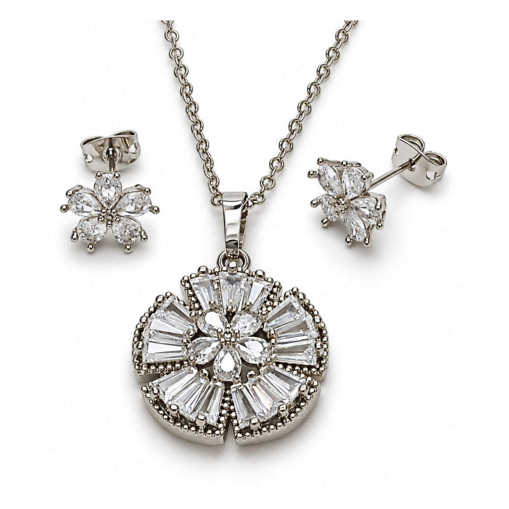 White Gold Filled Earring and Pendant Adult Set, Flower and Cluster Design, with White Cubic Zirconia, Polished, Rhodium Finish