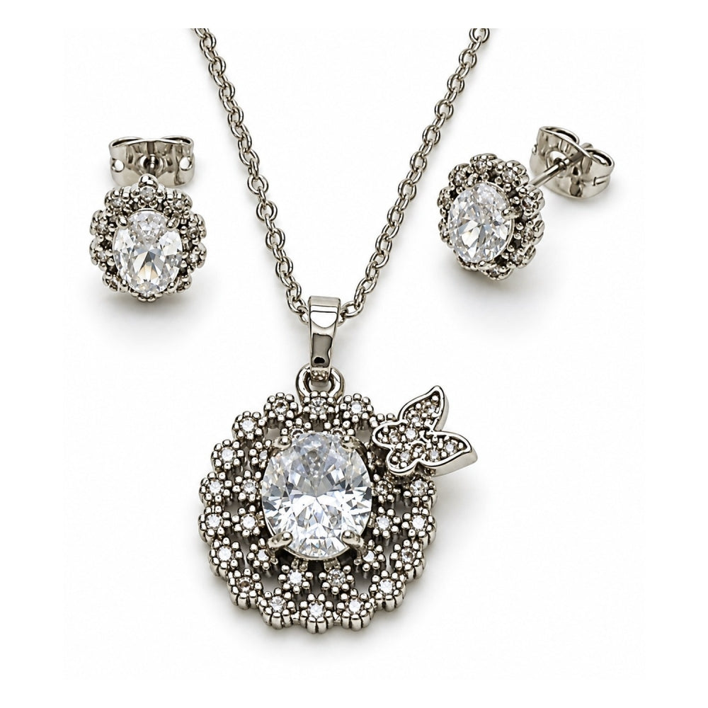 White Gold Filled Earring and Pendant Adult Set, Butterfly and Cluster Design, with White Cubic Zirconia, Polished, Rhodium Finish