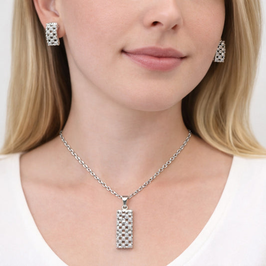 Rhodium Gold Filled Earring and Pendant Adult Set, with White Cubic Zirconia, Polished, Rhodium Finish