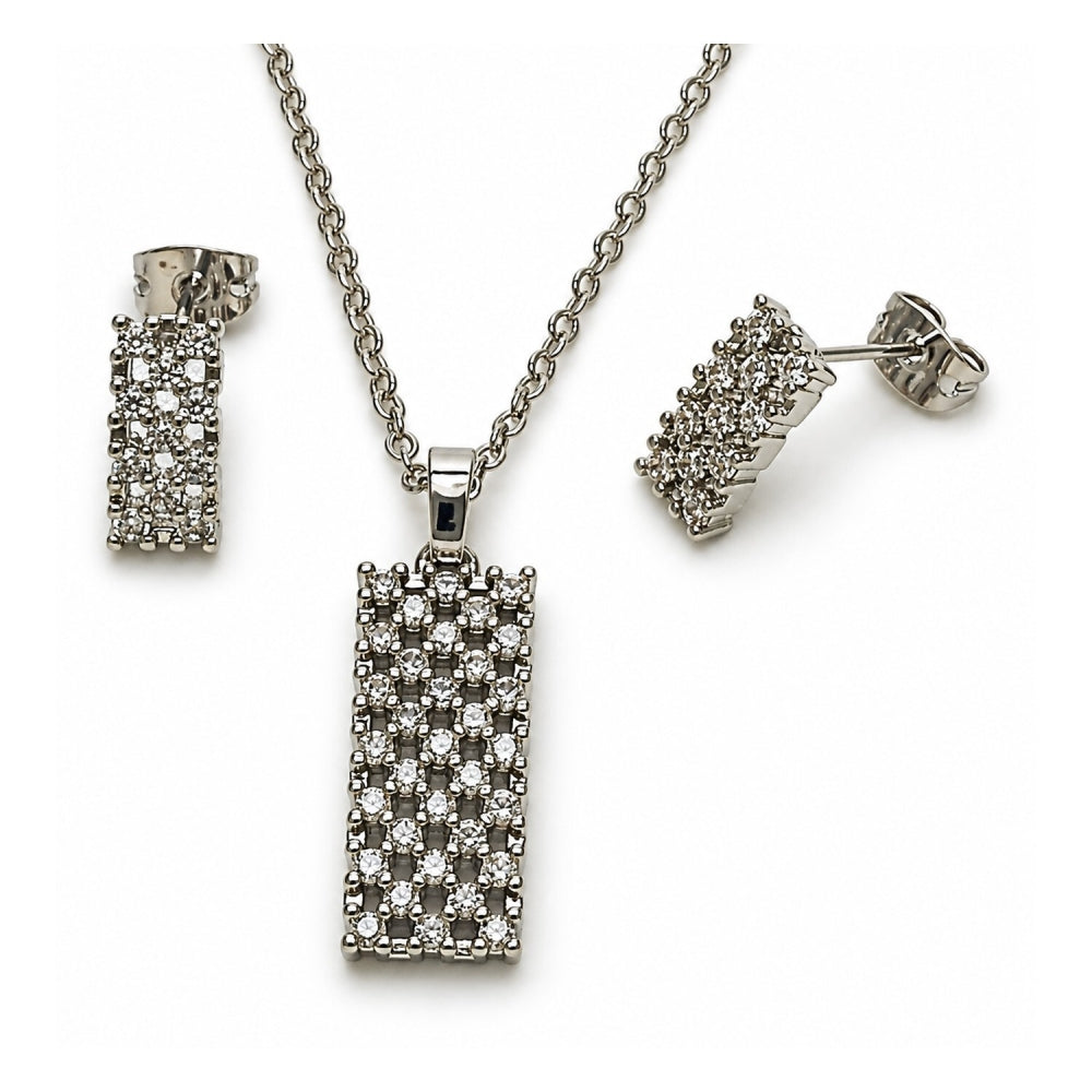 White Gold Filled Earring and Pendant Adult Set, with White Cubic Zirconia, Polished, Rhodium Finish