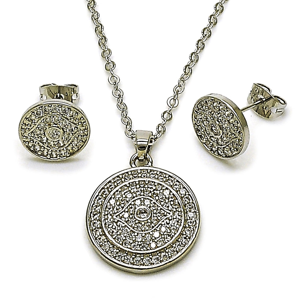 Oro Laminado Earring and Pendant Adult Set, Gold Filled Style Cluster Design, with White Cubic Zirconia, Polished, Golden Finish