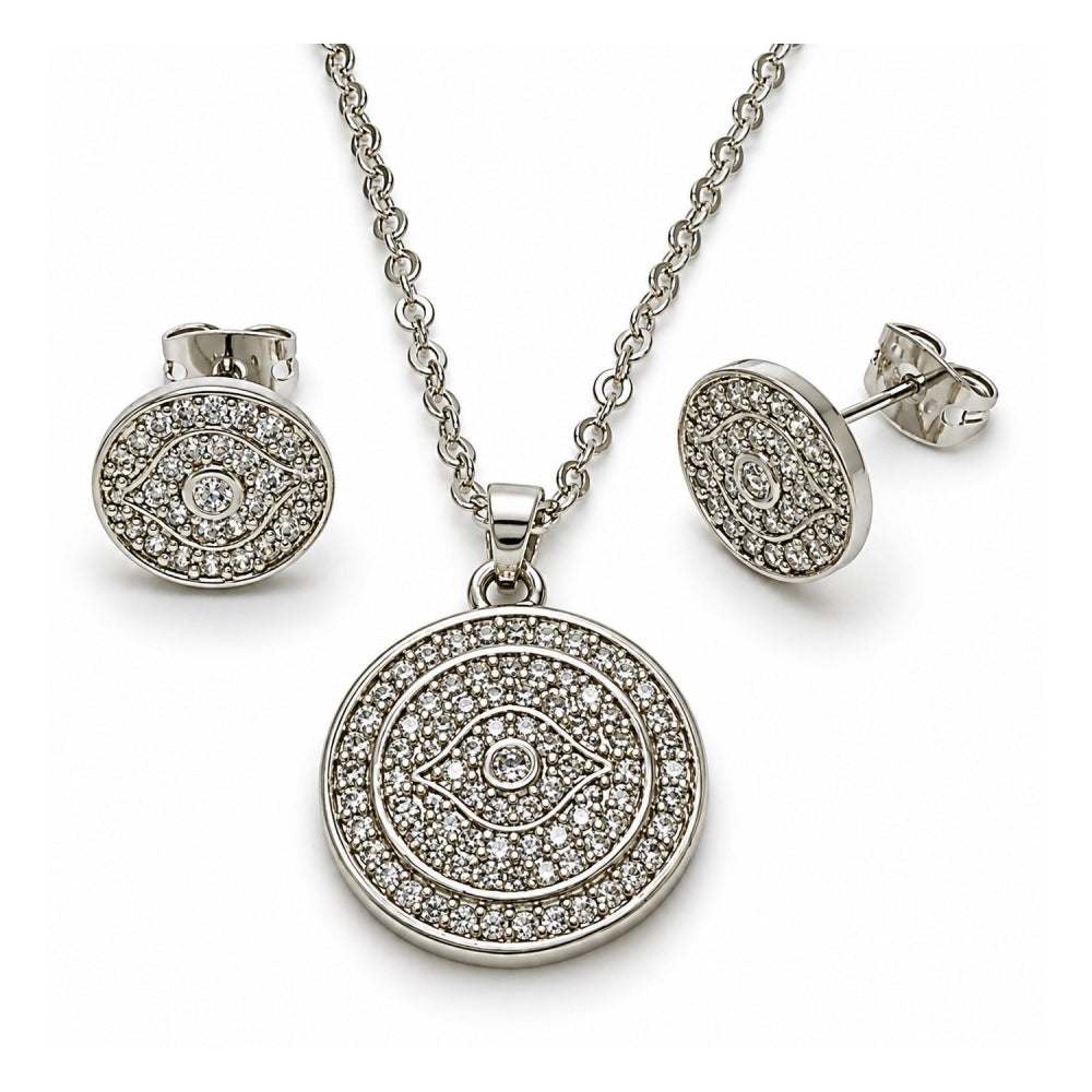 Oro Laminado Earring and Pendant Adult Set, Gold Filled Style Cluster Design, with White Cubic Zirconia, Polished, Golden Finish