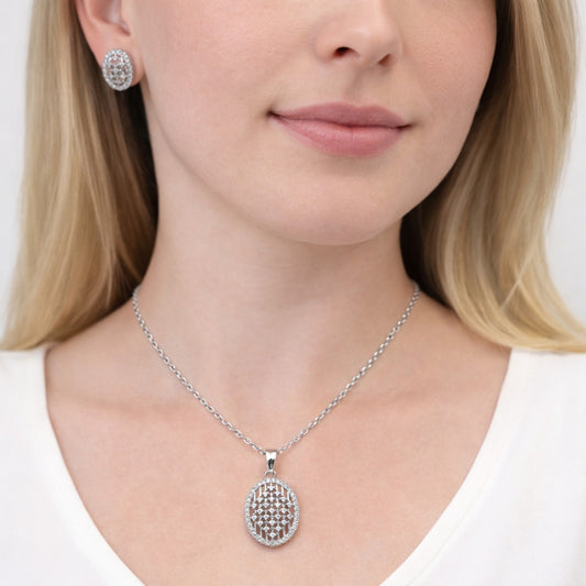 Rhodium Gold Filled Earring and Pendant Adult Set, with White Cubic Zirconia, Polished, Rhodium Finish