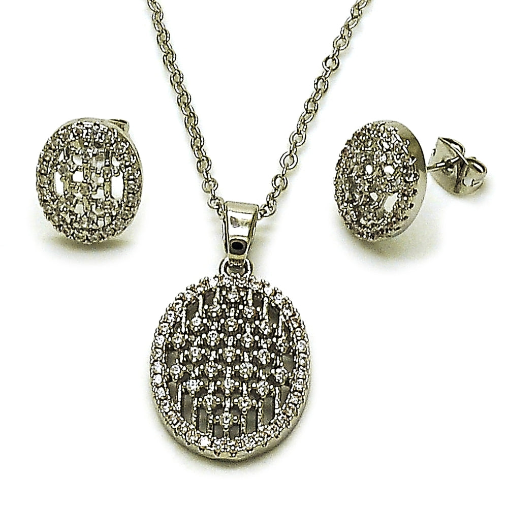 Rhodium Gold Filled Earring and Pendant Adult Set, with White Cubic Zirconia, Polished, Rhodium Finish