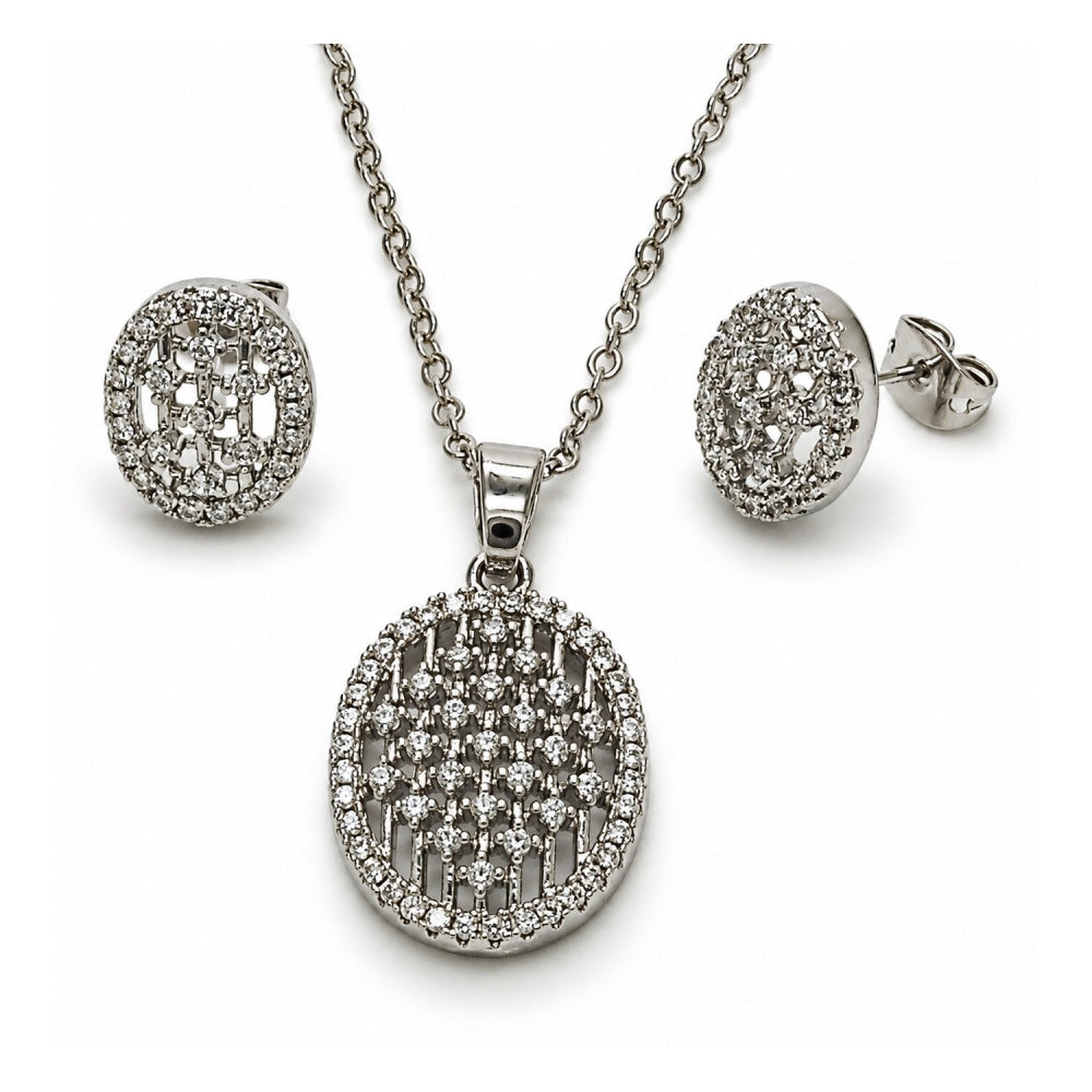 White Gold Filled Earring and Pendant Adult Set, with White Cubic Zirconia, Polished, Rhodium Finish