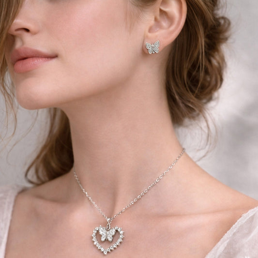 Rhodium Gold Filled Earring and Pendant Adult Set, Heart and Butterfly Design, with White Cubic Zirconia, Polished, Rhodium Finish
