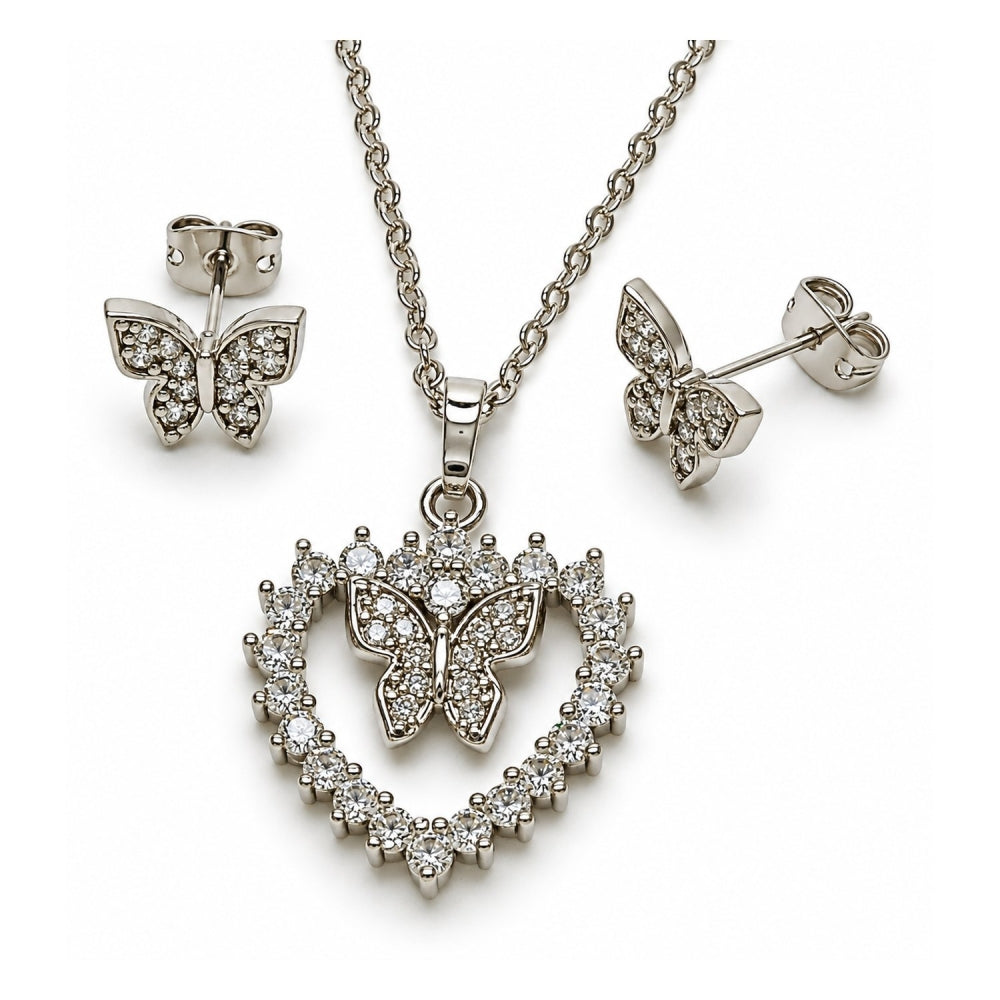 White Gold Filled Earring and Pendant Adult Set, Heart and Butterfly Design, with White Cubic Zirconia, Polished, Rhodium Finish