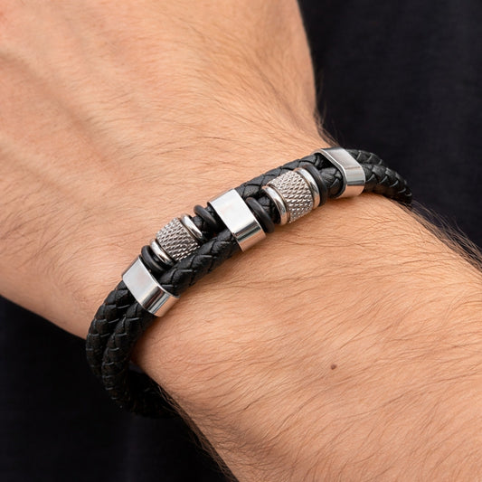 Stainless Steel Fancy Bracelet, Black Leather Finish, Steel Finish