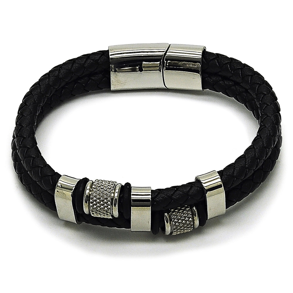 Stainless Steel Fancy Bracelet, Black Leather Finish, Steel Finish