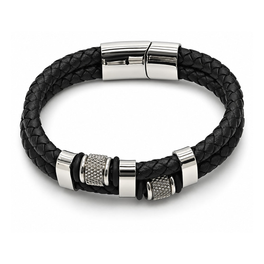 Stainless Steel Fancy Bracelet, Black Leather Finish, Steel Finish
