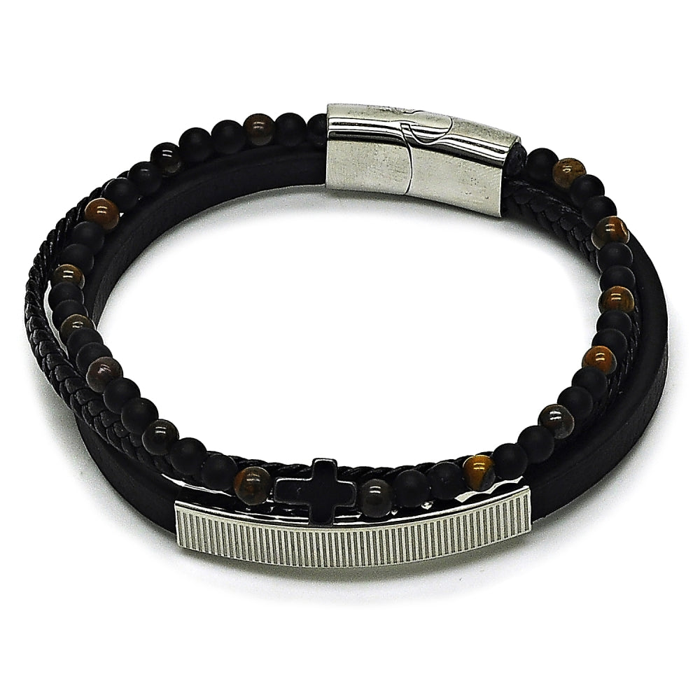 Stainless Steel Fancy Bracelet, Cross and Ball Design, Black Leather Finish, Steel Finish