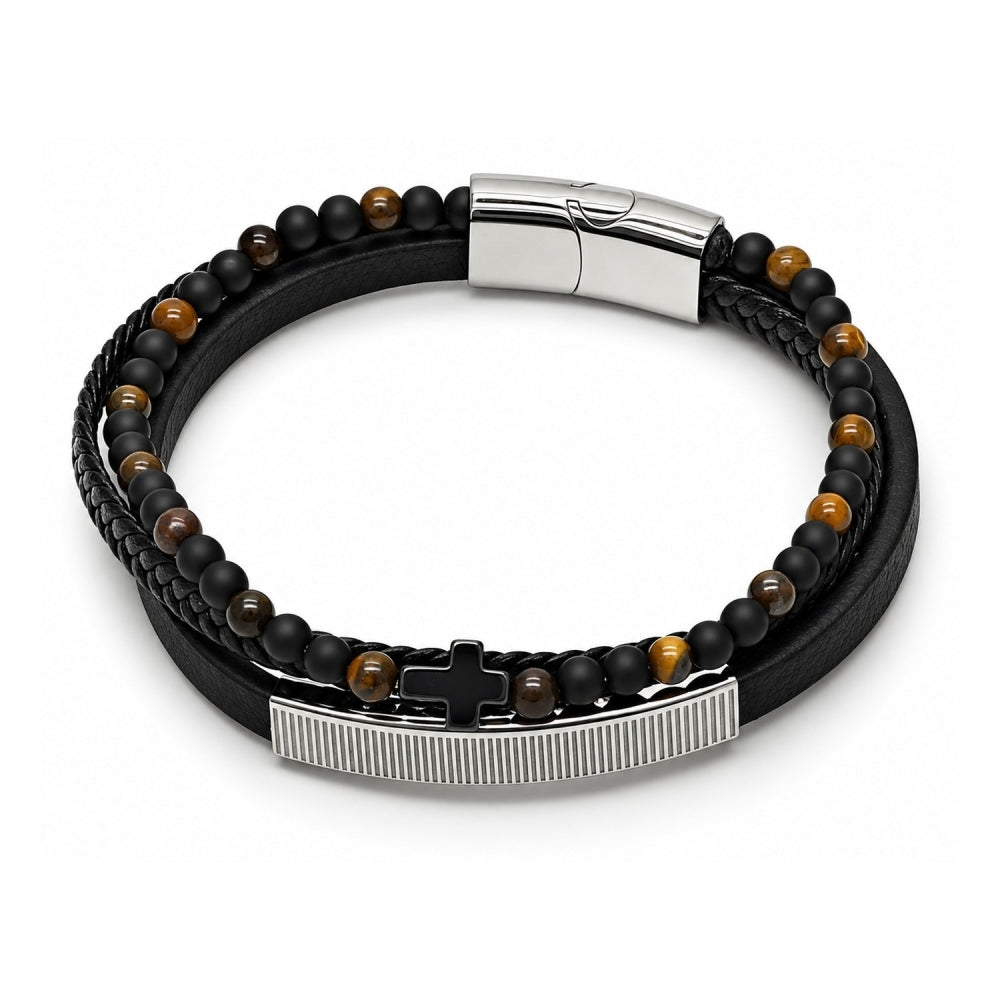 Stainless Steel Fancy Bracelet, Cross and Ball Design, Black Leather Finish, Steel Finish