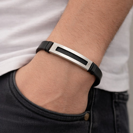 Stainless Steel ID Bracelet, Black Leather Finish, Steel Finish
