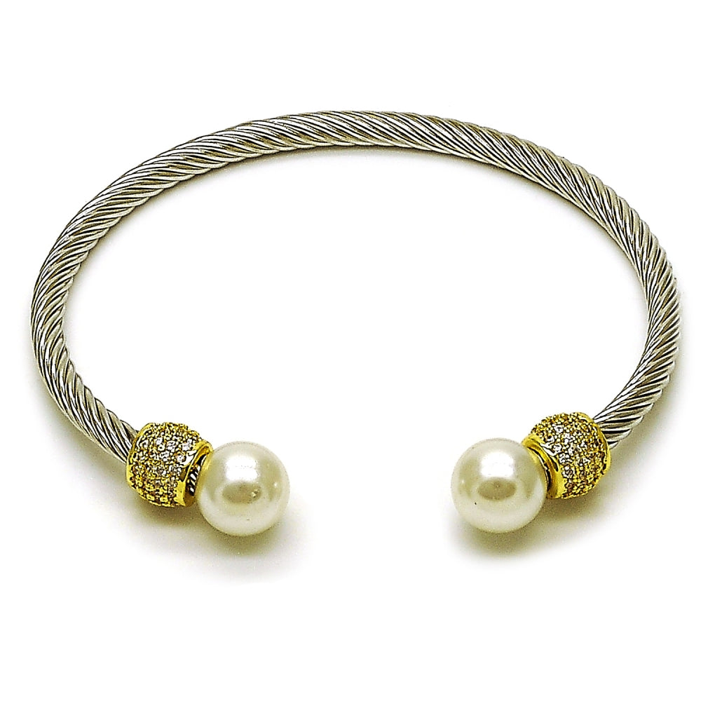 Stainless Steel Individual Bangle, Twist and Ball Design, with Ivory Pearl and White Micro Pave, Polished, Two Tone