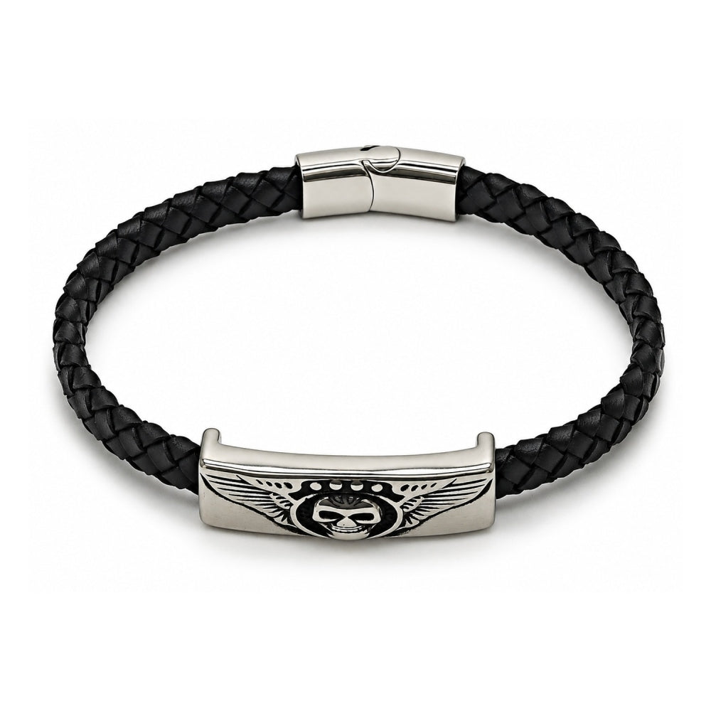 Stainless Steel Fancy Bracelet, Skull and Wings Design, Black Leather Finish, Steel Finish