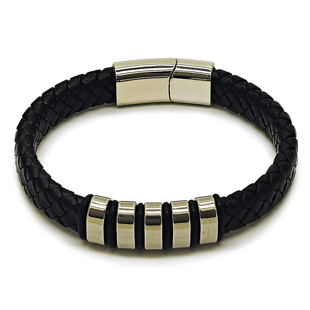 Stainless Steel Fancy Bracelet, Black Leather Finish, Steel Finish