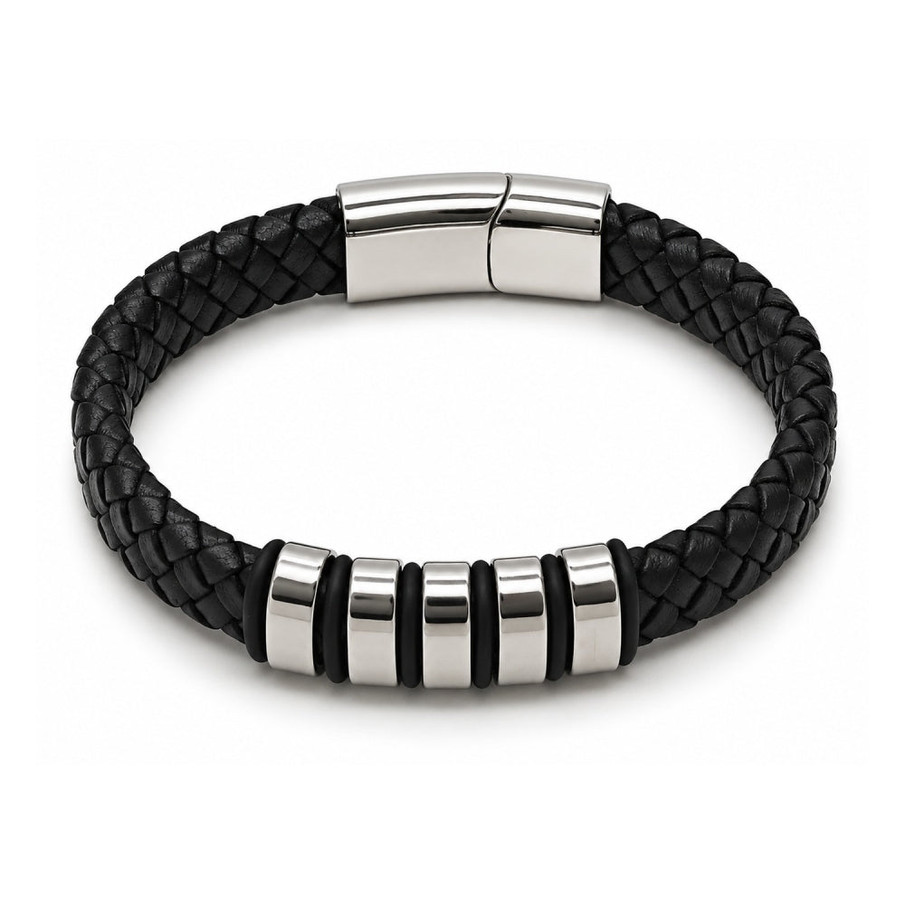 Stainless Steel Fancy Bracelet, Black Leather Finish, Steel Finish