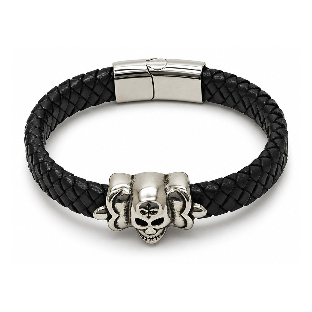 Stainless Steel Fancy Bracelet, Skull Design, Black Leather Finish, Steel Finish