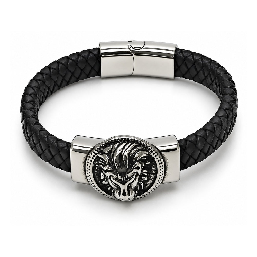 Stainless Steel Fancy Bracelet, Lion Design, Black Leather Finish, Steel Finish