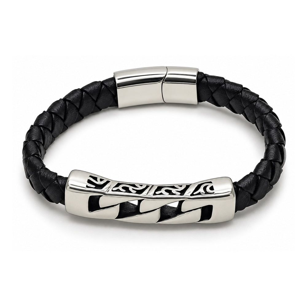 Stainless Steel Fancy Bracelet, Miami Cuban Design, Black Leather Finish, Steel Finish