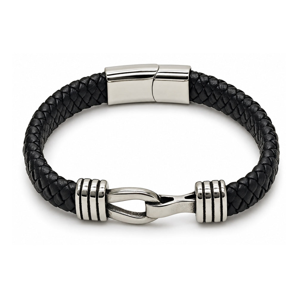 Stainless Steel Fancy Bracelet, Belt Buckle Design, Black Leather Finish, Steel Finish