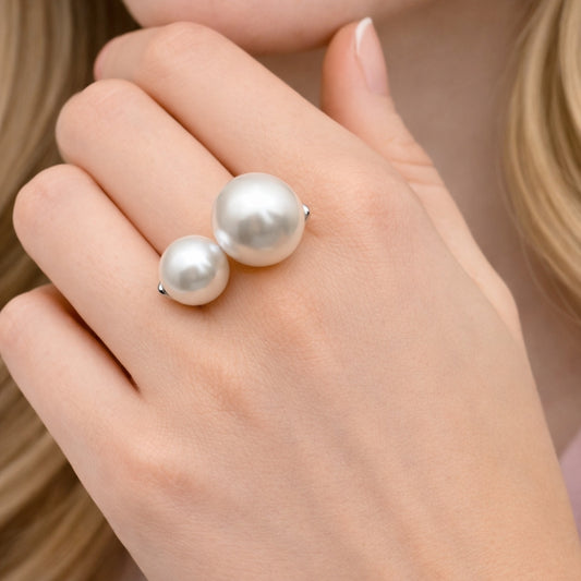 Rhodium Gold Filled Multi Stone Ring, Ball Design, with Ivory Pearl, Polished, Rhodium Finish