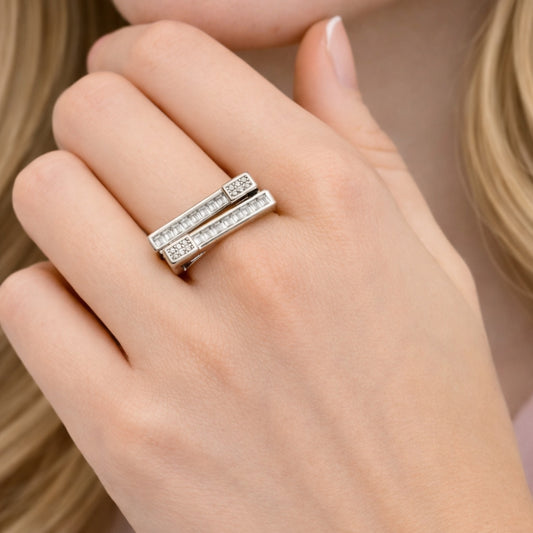 White Gold Filled Multi Stone Ring, Baguette Design, with White Cubic Zirconia and White Micro Pave, Polished, Rhodium Finish