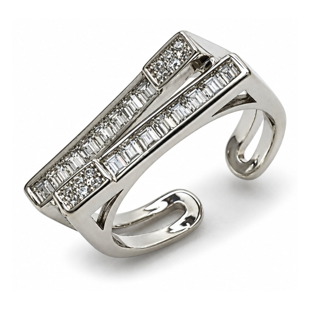 White Gold Filled Multi Stone Ring, Baguette Design, with White Cubic Zirconia and White Micro Pave, Polished, Rhodium Finish