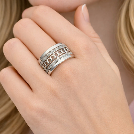 Rhodium Gold Filled Multi Stone Ring, Miami Cuban Design, with White Micro Pave, Polished, Rhodium Finish