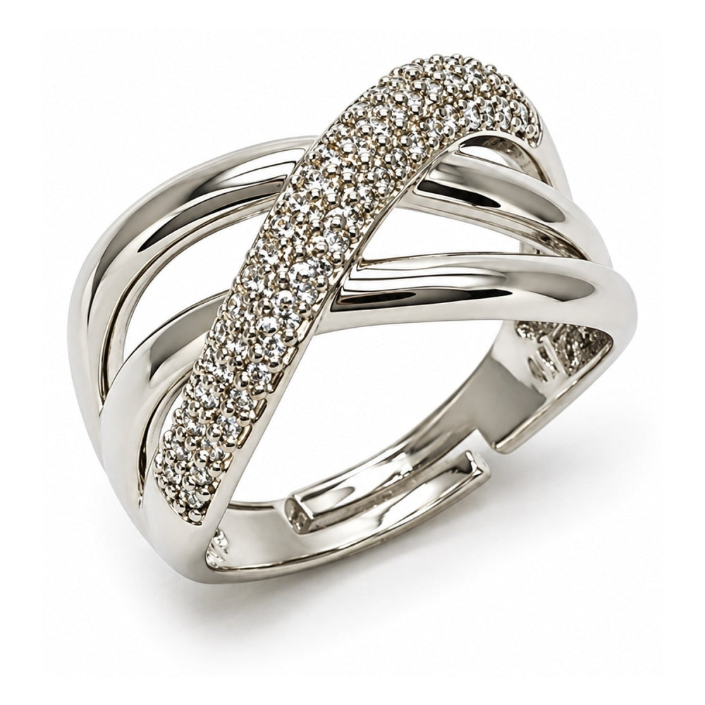 White Gold Filled Multi Stone Ring, Twist Design, with White Micro Pave, Polished, Rhodium Finish