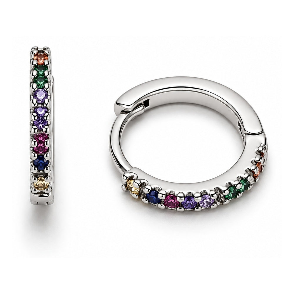 White Gold Filled Huggie Hoop, with Multicolor Micro Pave, Polished, Rhodium Finish