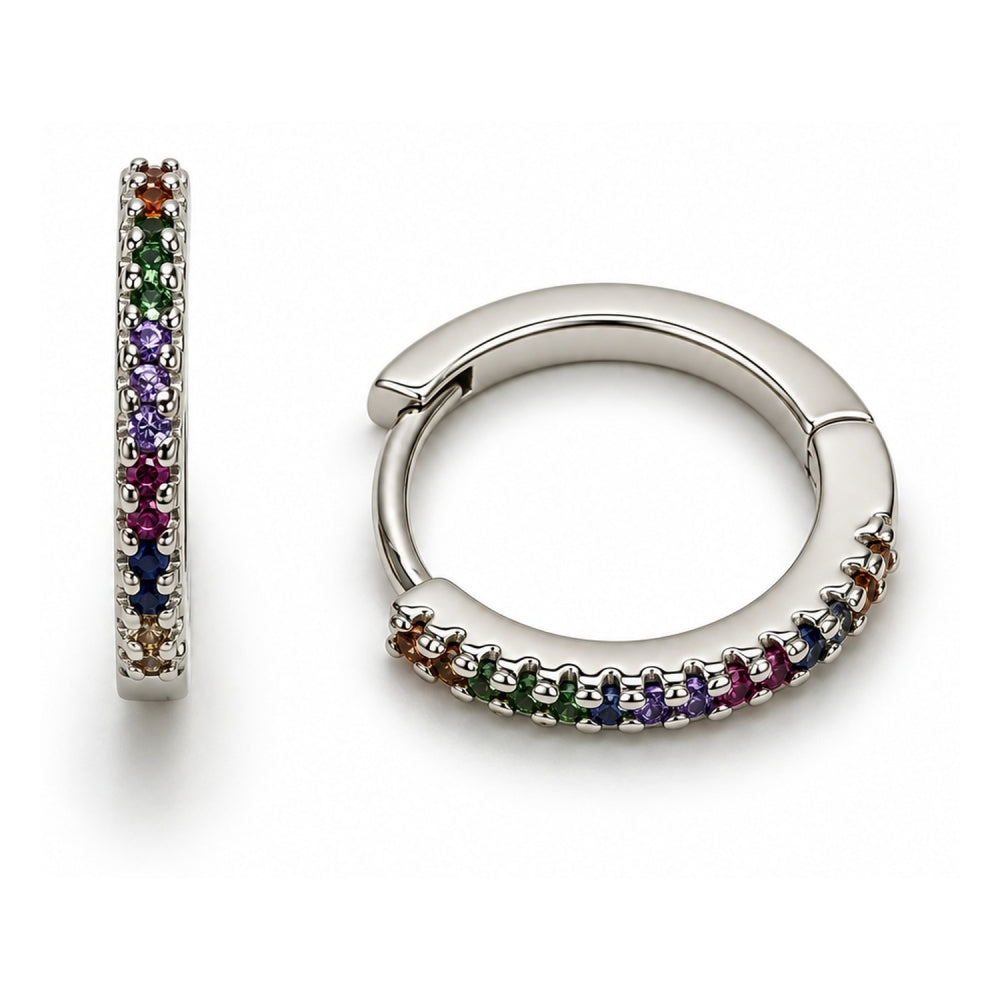 White Gold Filled Huggie Hoop, with Multicolor Micro Pave, Polished, Rhodium Finish