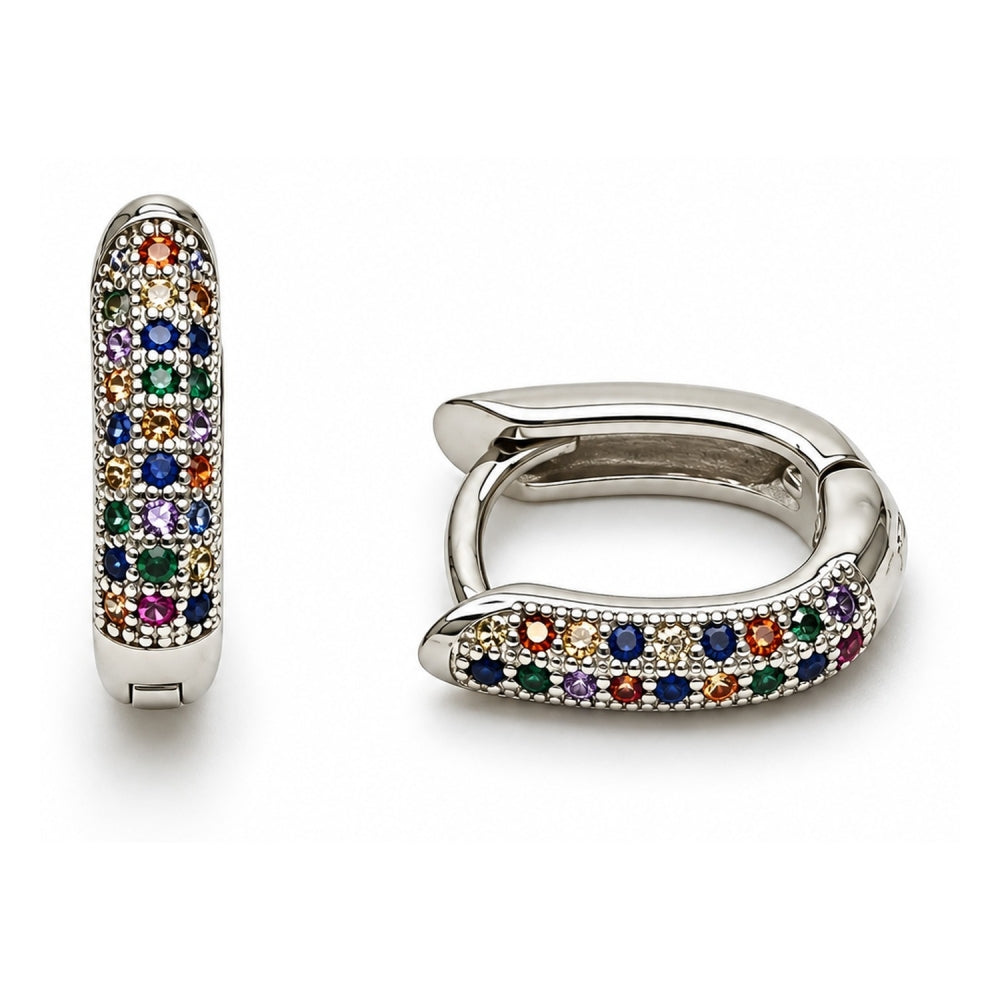 White Gold Filled Huggie Hoop, with Multicolor Micro Pave, Polished, Rhodium Finish