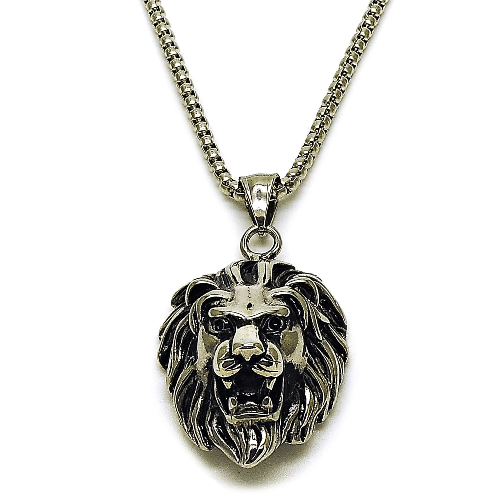 Stainless Steel Pendant Necklace, Lion Design, Polished, Steel Finish