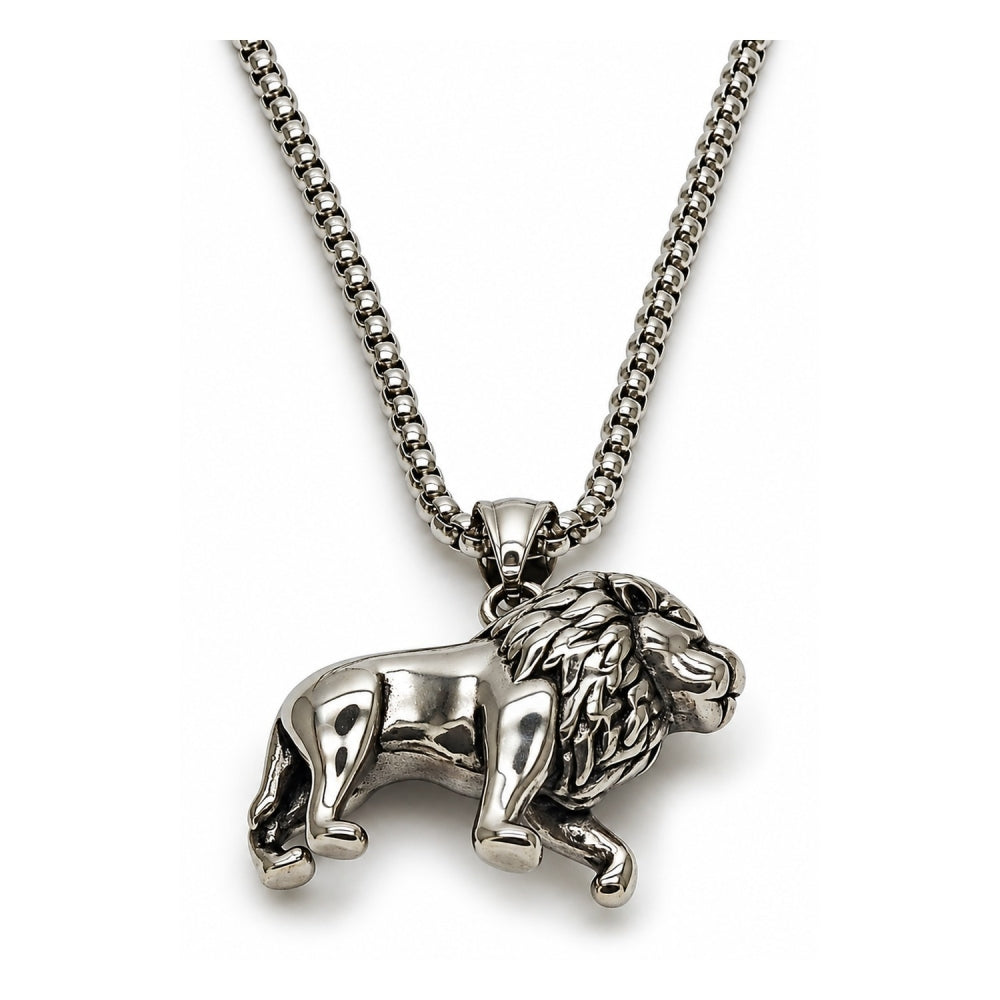 Stainless Steel Pendant Necklace, Lion Design, Polished, Steel Finish