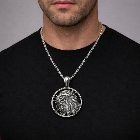 Stainless Steel Pendant Necklace, Jesus Design, Polished, Steel Finish