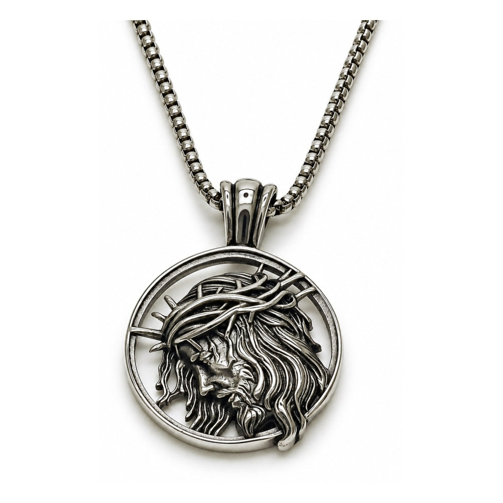 Stainless Steel Pendant Necklace, Jesus Design, Polished, Steel Finish