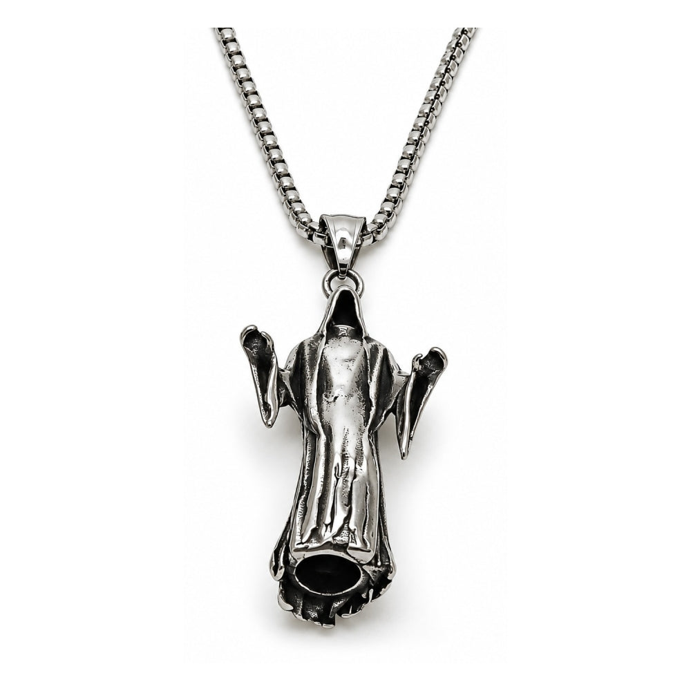 Stainless Steel Pendant Necklace, Santa Muerte Design, Polished, Steel Finish
