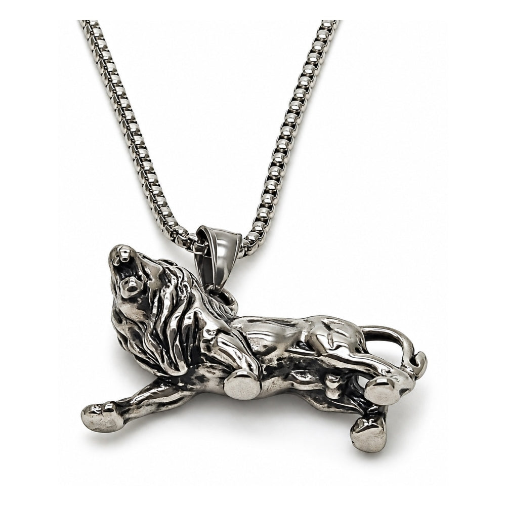Stainless Steel Pendant Necklace, Lion Design, Polished, Steel Finish