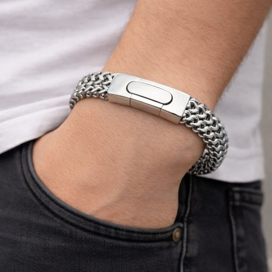 Stainless Steel Fancy Bracelet, Square Franco Design, Polished, Steel Finish
