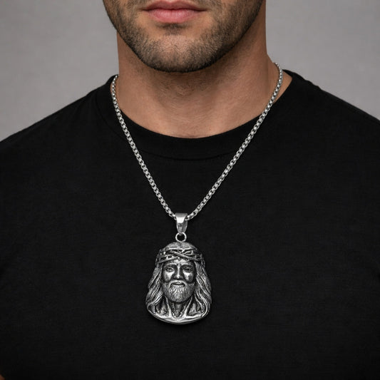 Stainless Steel Pendant Necklace, Jesus Design, Polished, Steel Finish