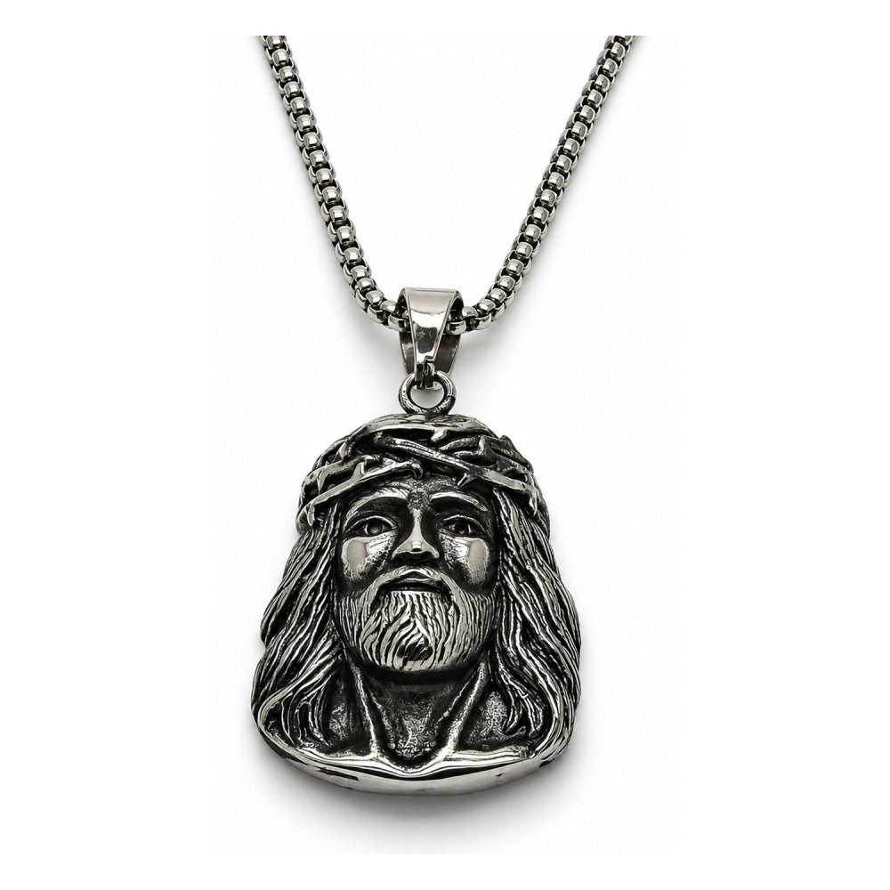 Stainless Steel Pendant Necklace, Jesus Design, Polished, Steel Finish